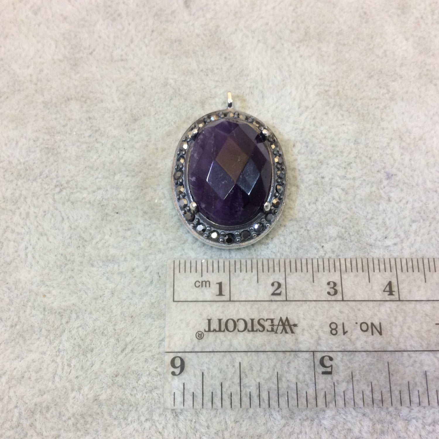 Pave Rhinestone Encrusted Faceted Natural Purple Amethyst Oval Shaped Pendant with Silver Plated Setting - Measuring 21mm x 27mm, Approx.