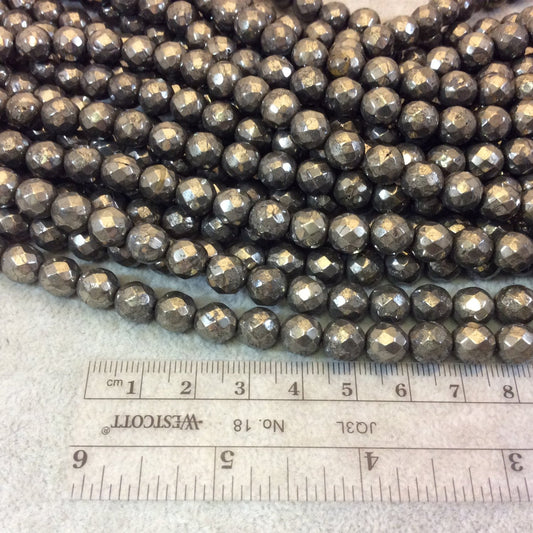 8mm Macro Faceted Metallic Pyrite Round Shaped Beads with 1mm Holes - 15.5" Strand (Approx. 50 Beads) - Natural Semi-Precious Gemstone