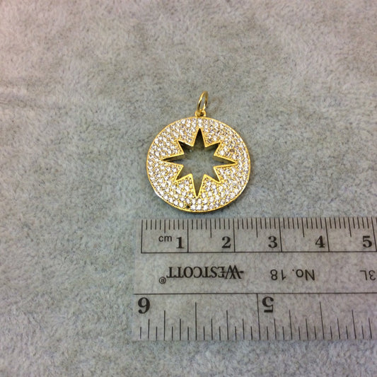 Gold Plated CZ Cubic Zirconia Inlaid Round/Star Shaped Copper Pendant - Measuring 23mm x 23mm  - Available in Four Colors, See Related!