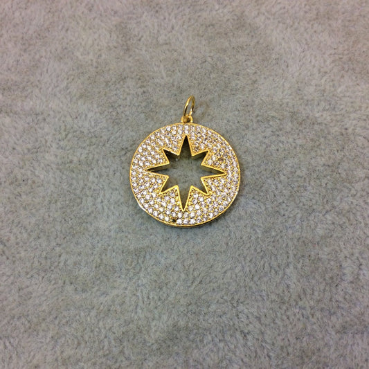 Gold Plated CZ Cubic Zirconia Inlaid Round/Star Shaped Copper Pendant - Measuring 23mm x 23mm  - Available in Four Colors, See Related!