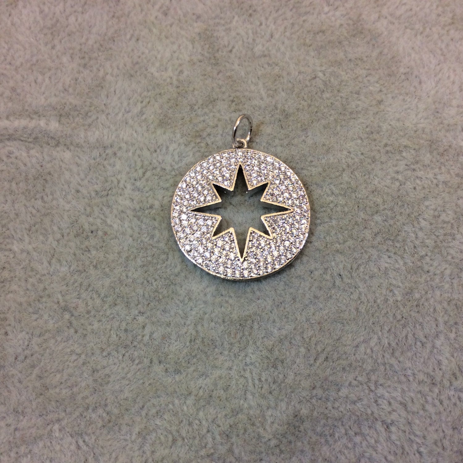 Silver Plated CZ Cubic Zirconia Inlaid Round/Star Shaped Copper Pendant - Measuring 23mm x 23mm  - Available in Four Colors, See Related!