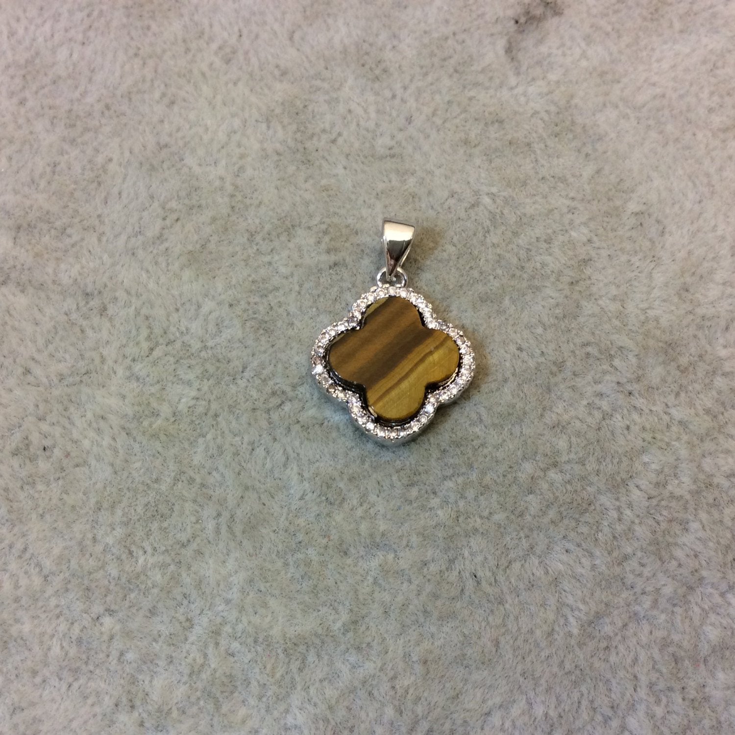 Silver Plated CZ Cubic Zirconia Inlaid Quatrefoil/Clover Shaped Tiger Eye Pendant - Measuring 15mm x 15mm  - Three Colors, See Related!