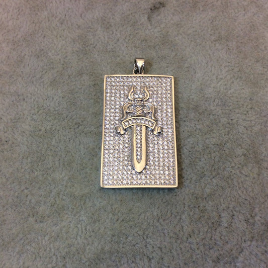 Silver Plated CZ Cubic Zirconia Inlaid Rectangle Shaped Cross Pendant - Measuring 23mm x 38mm  - Available in Three Colors, See Related!