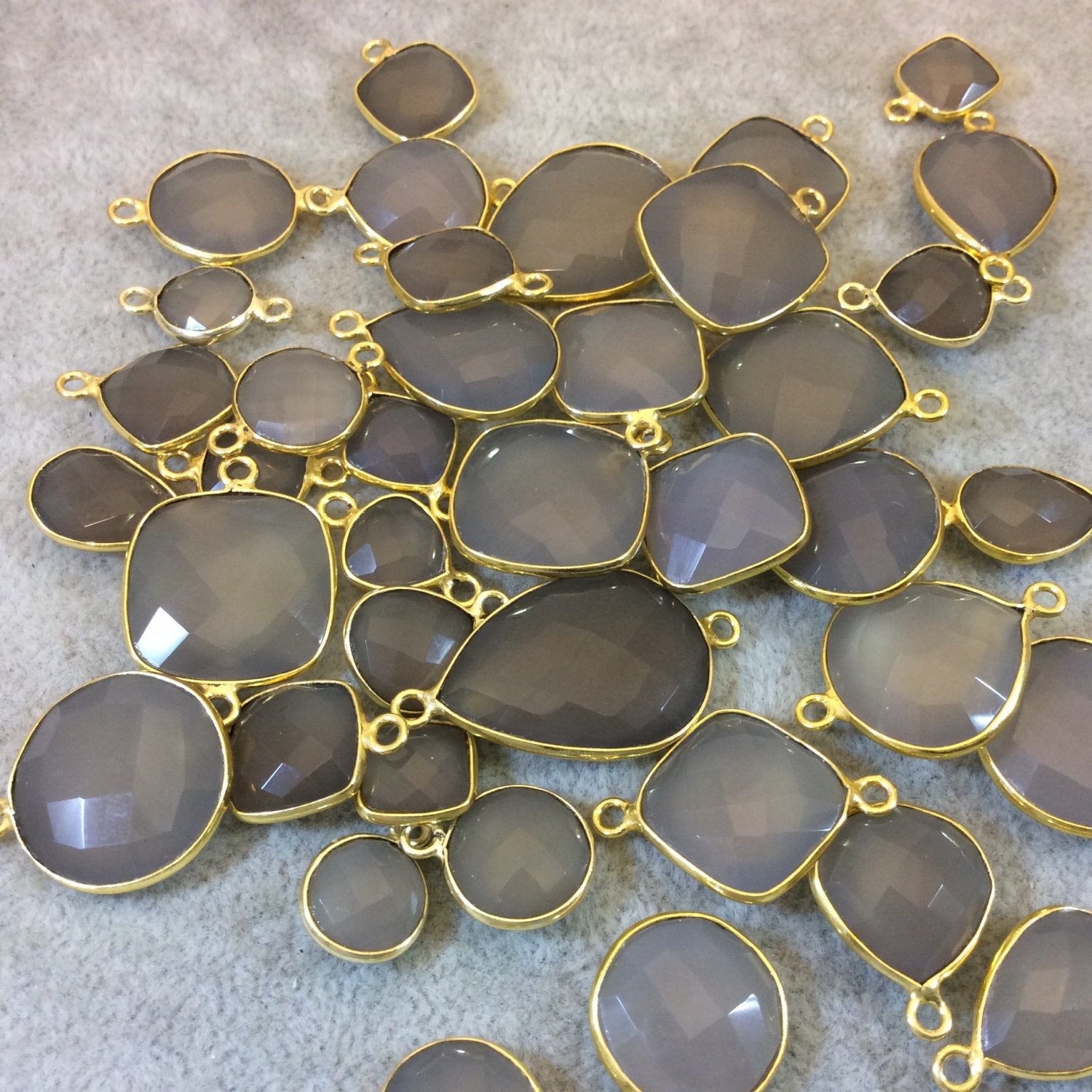 Gold Plated Faceted Natural Semi-Opaque Gray Chalcedony Pear/Teardrop Shaped Bezel Connector - Measuring 15mm x 20mm - Sold Individually