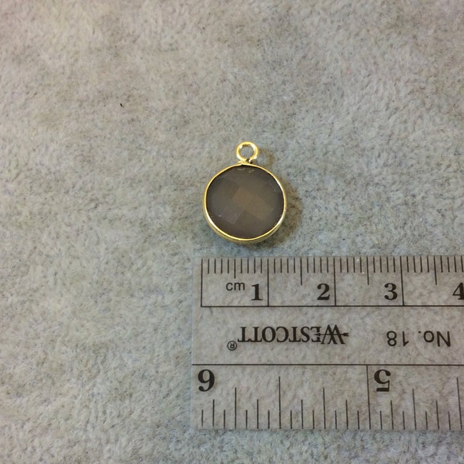 Gold Plated Faceted Natural Semi-Opaque Gray Chalcedony Round/Coin Shaped Bezel Pendant - Measuring 12mm x 12mm - Sold Individually