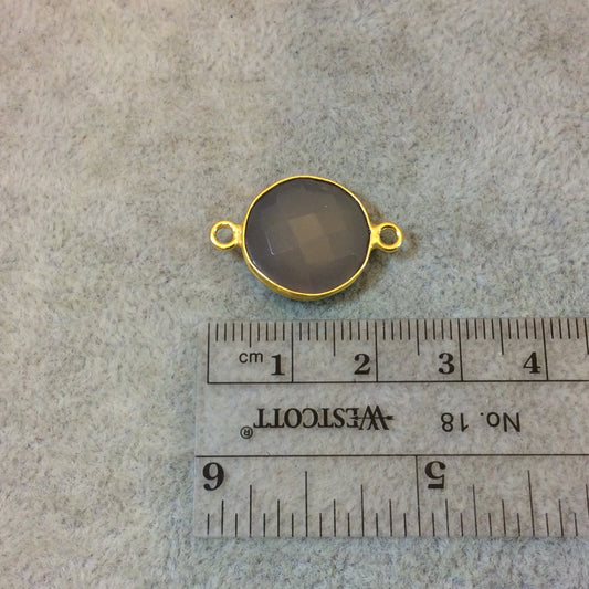 Gold Plated Faceted Natural Semi-Opaque Gray Chalcedony Round/Coin Shaped Bezel Connector - Measuring 15mm x 15mm - Sold Individually
