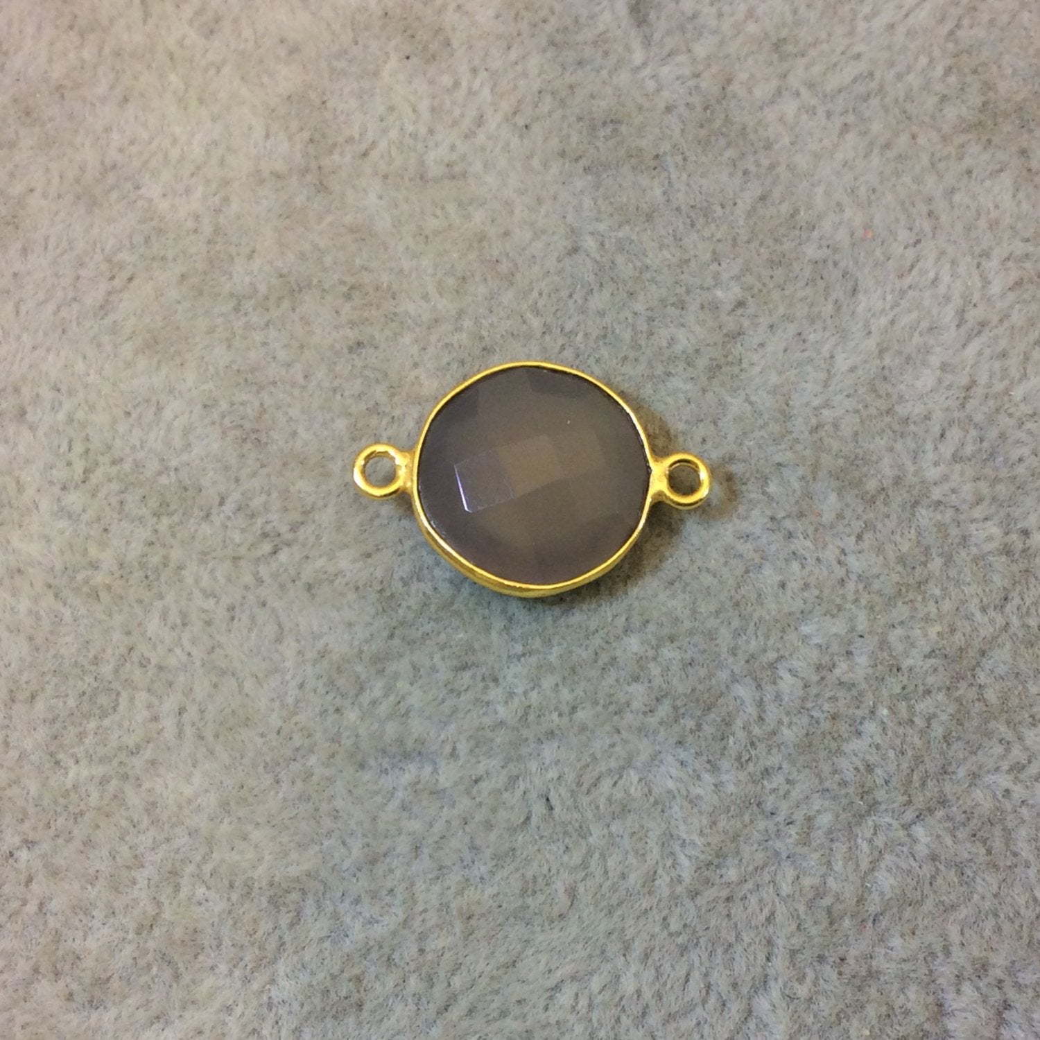 Gold Plated Faceted Natural Semi-Opaque Gray Chalcedony Round/Coin Shaped Bezel Connector - Measuring 15mm x 15mm - Sold Individually