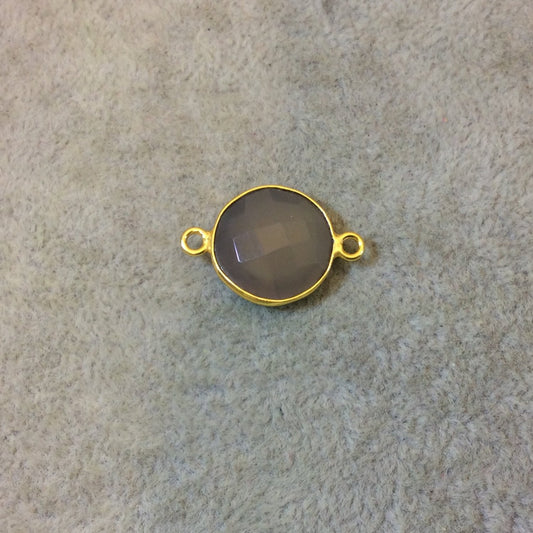 Gold Plated Faceted Natural Semi-Opaque Gray Chalcedony Round/Coin Shaped Bezel Connector - Measuring 15mm x 15mm - Sold Individually