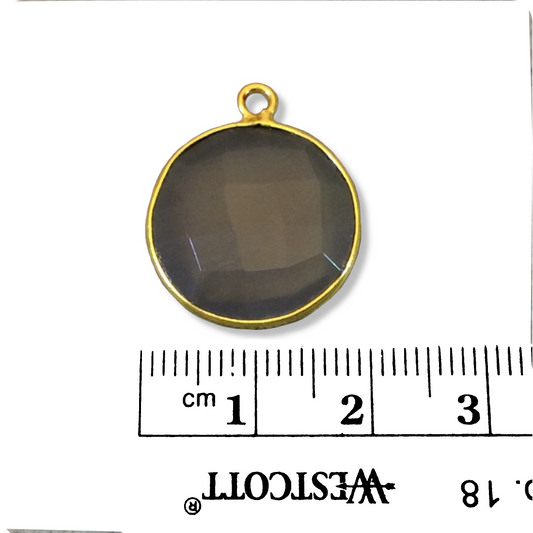 Gold Plated Faceted Natural Semi-Opaque Gray Chalcedony Round/Coin Shaped Bezel Pendant - Measuring 18mm x 18mm - Sold Individually