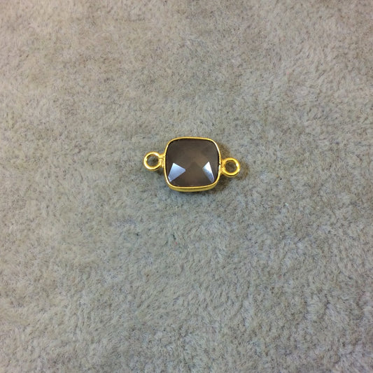 Gold Plated Faceted Natural Semi-Opaque Gray Chalcedony Square Shaped Bezel Connector - Measuring 10mm x 10mm - Sold Individually