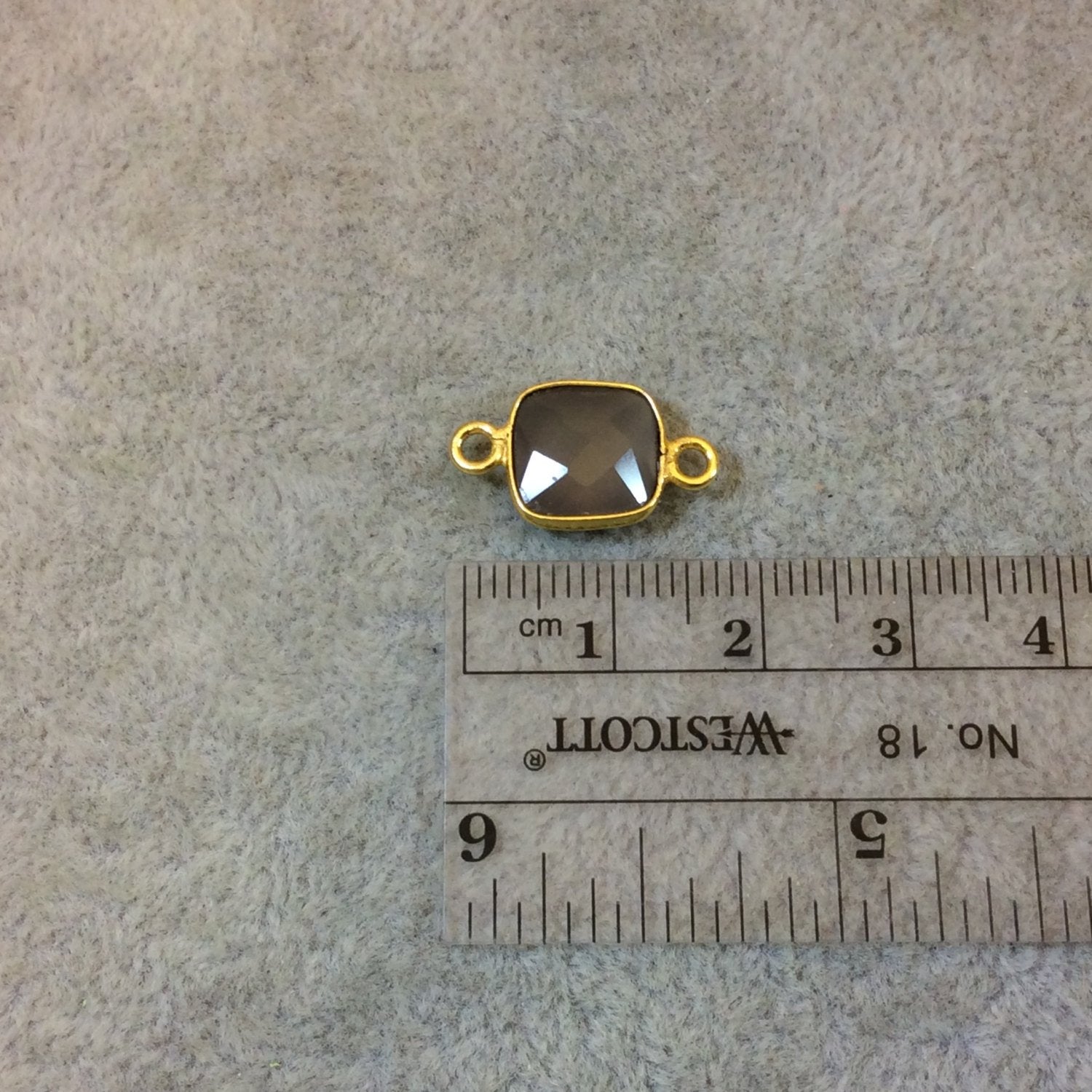 Gold Plated Faceted Natural Semi-Opaque Gray Chalcedony Square Shaped Bezel Connector - Measuring 10mm x 10mm - Sold Individually