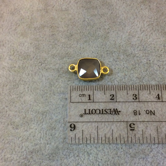 Gold Plated Faceted Natural Semi-Opaque Gray Chalcedony Square Shaped Bezel Connector - Measuring 10mm x 10mm - Sold Individually