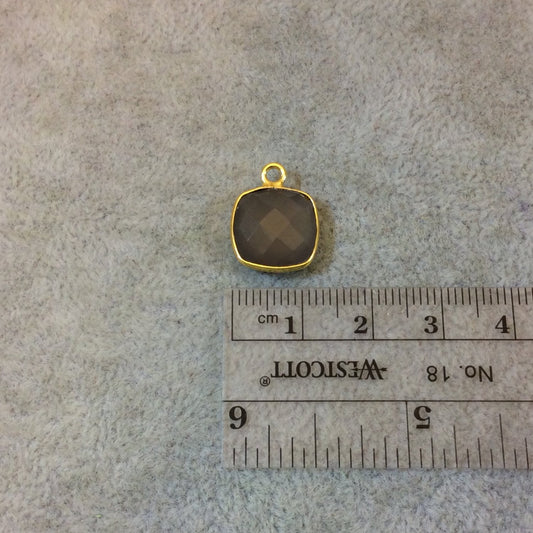 Gold Plated Faceted Natural Semi-Opaque Gray Chalcedony Square Shaped Bezel Pendant - Measuring 12mm x 12mm - Sold Individually