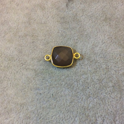 Gold Plated Faceted Natural Semi-Opaque Gray Chalcedony Square Shaped Bezel Connector - Measuring 12mm x 12mm - Sold Individually