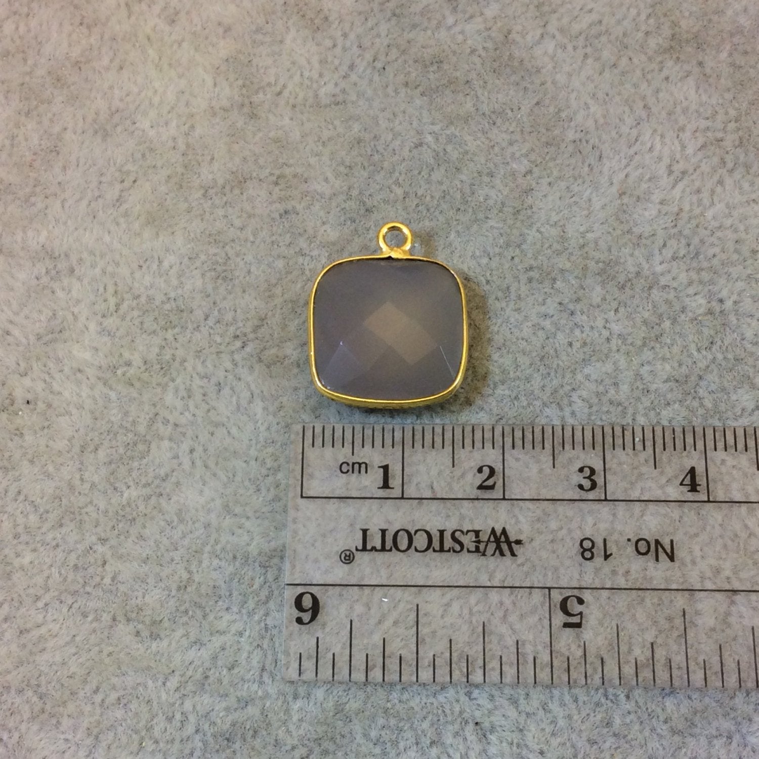 Gold Plated Faceted Natural Semi-Opaque Gray Chalcedony Square Shaped Bezel Pendant - Measuring 15mm x 15mm - Sold Individually