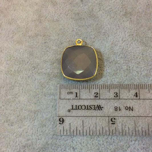 Gold Plated Faceted Natural Semi-Opaque Gray Chalcedony Square Shaped Bezel Pendant - Measuring 18mm x 18mm - Sold Individually