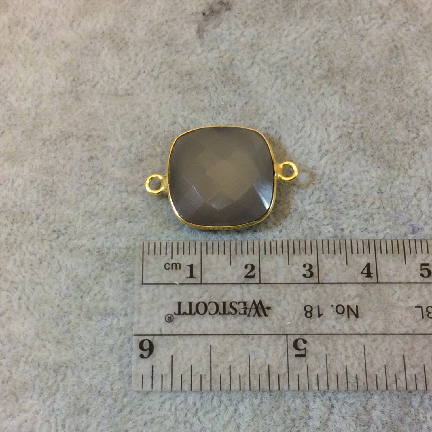 Gold Plated Faceted Natural Semi-Opaque Gray Chalcedony Square Shaped Bezel Connector - Measuring 18mm x 18mm - Sold Individually