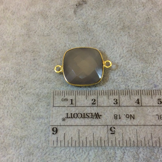 Gold Plated Faceted Natural Semi-Opaque Gray Chalcedony Square Shaped Bezel Connector - Measuring 18mm x 18mm - Sold Individually