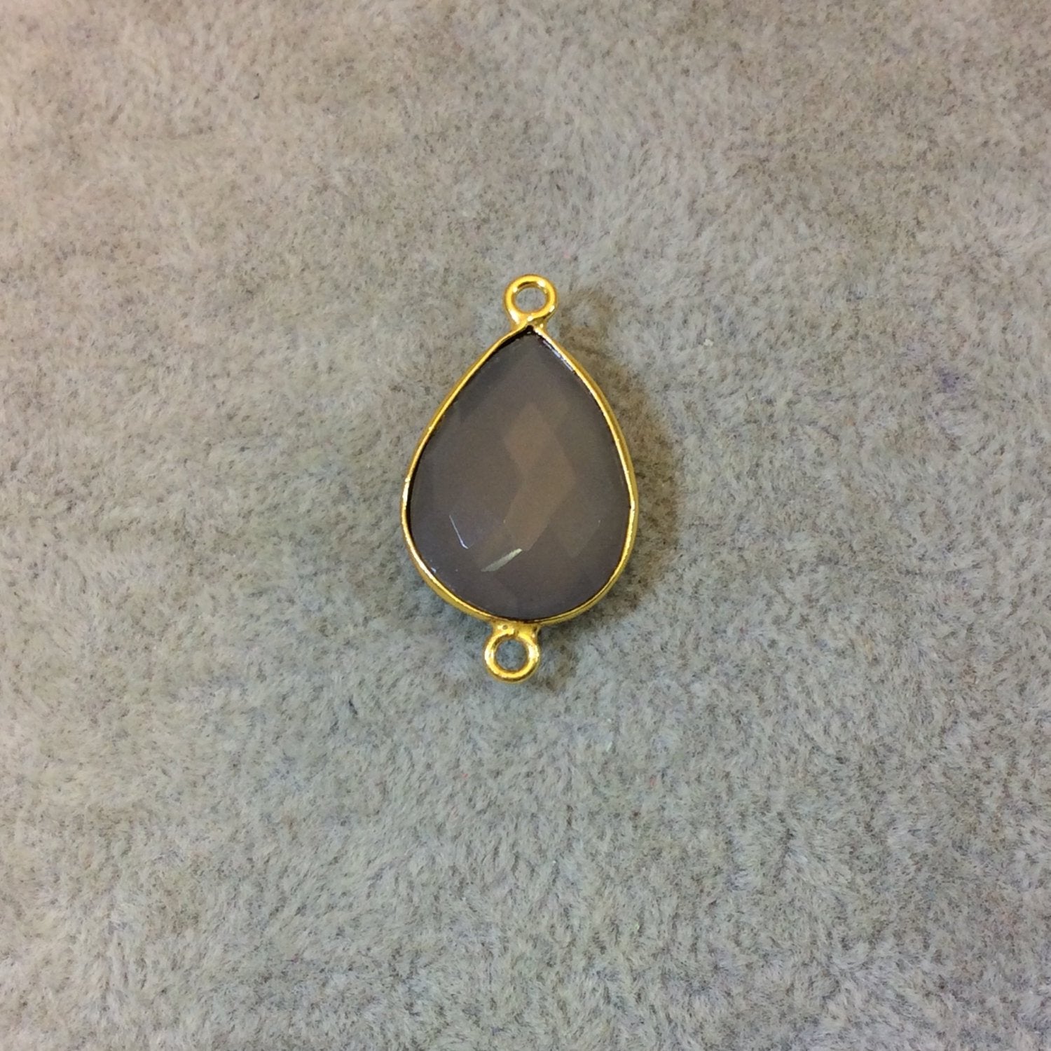 Gold Plated Faceted Natural Semi-Opaque Gray Chalcedony Pear/Teardrop Shaped Bezel Connector - Measuring 15mm x 20mm - Sold Individually