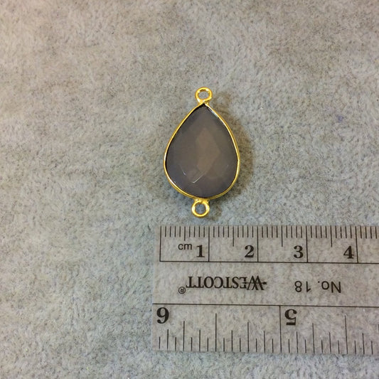Gold Plated Faceted Natural Semi-Opaque Gray Chalcedony Pear/Teardrop Shaped Bezel Connector - Measuring 15mm x 20mm - Sold Individually