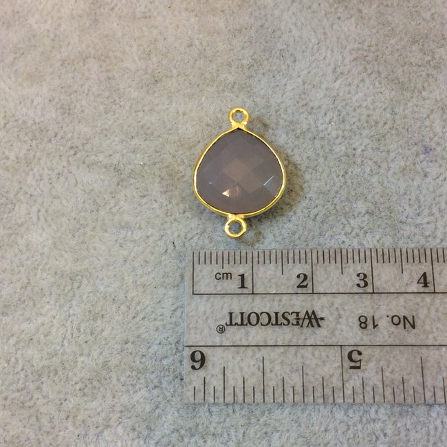 Gold Plated Faceted Natural Semi-Opaque Gray Chalcedony Heart/Teardrop Shaped Bezel Connector - Measuring 15mm x 15mm - Sold Individually