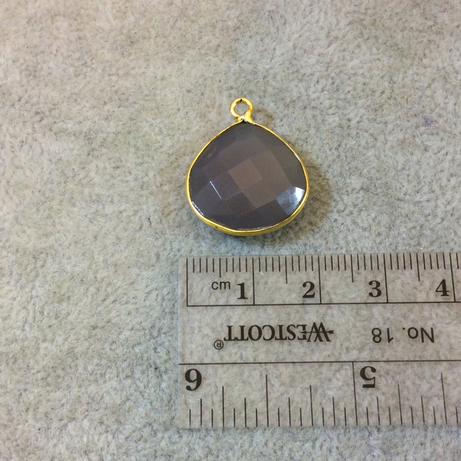 Gold Plated Faceted Natural Semi-Opaque Gray Chalcedony Heart/Teardrop Shaped Bezel Pendant - Measuring 18mm x 18mm - Sold Individually