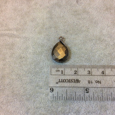 Gunmetal Plated Faceted Natural Metallic Pyrite (Fool's Gold) Pear/Teardrop Shaped Bezel Pendant Component - Measuring 12mm x 16mm