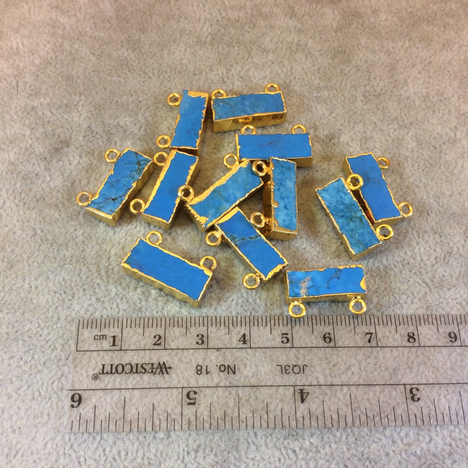 Gold Electroplated Bar/Rectangle Shaped Matte/Raw Blue Howlite Pendants - Measuring 20mm x 8mm, Approx. - Sold Individually, Chosen Randomly
