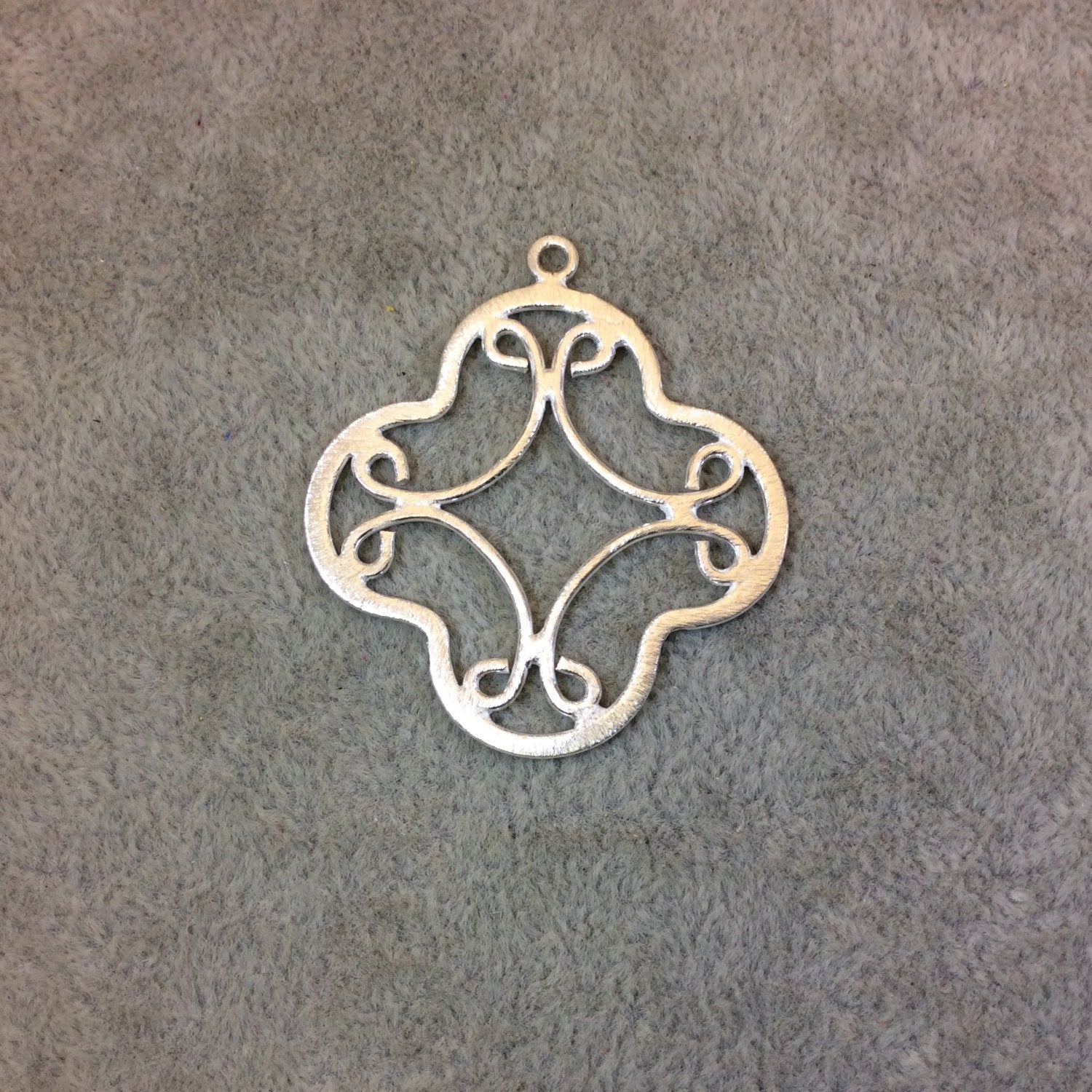 38mm Silver Brushed Finish Scrollwork Quatrefoil Shaped Plated Copper Components - Sold in Pre-Counted Bulk Packs of 10 Pieces - (071-SV)