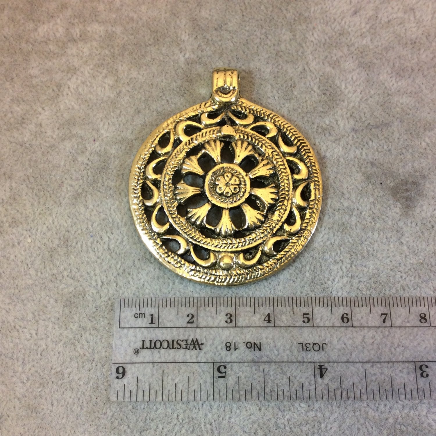 Oxidized Gold Plated Patterned/Textured Large Circle/Medallion Shaped Focal Pendant - Measuring 54mm x 54mm, Approx. - Sold Individually
