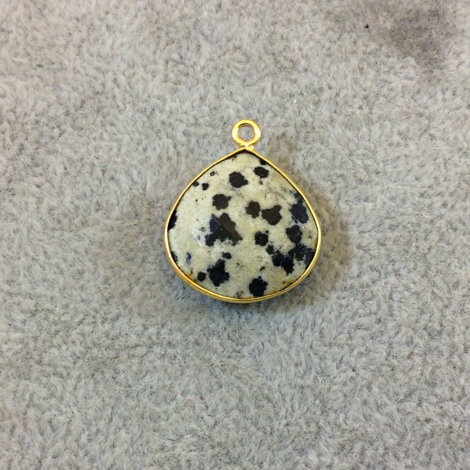 Gold Plated Natural Dalmatian Jasper Faceted Heart/Teardrop Shaped Copper Bezel Pendant - Measures 18mm x 18mm - Sold Individually, Random