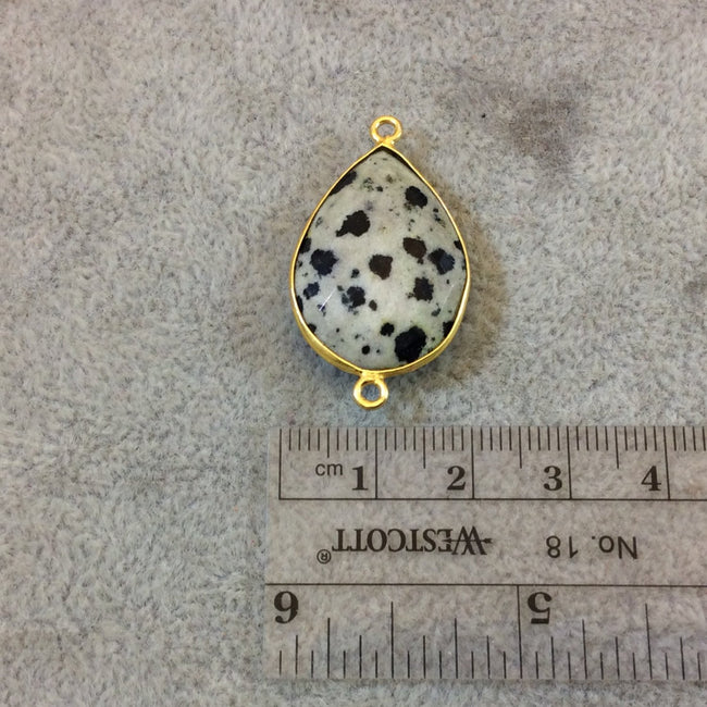 Gold Plated Natural Dalmatian Jasper Faceted Pear/Teardrop Shaped Copper Bezel Connector - Measures 18mm x 24mm - Sold Individually, Random