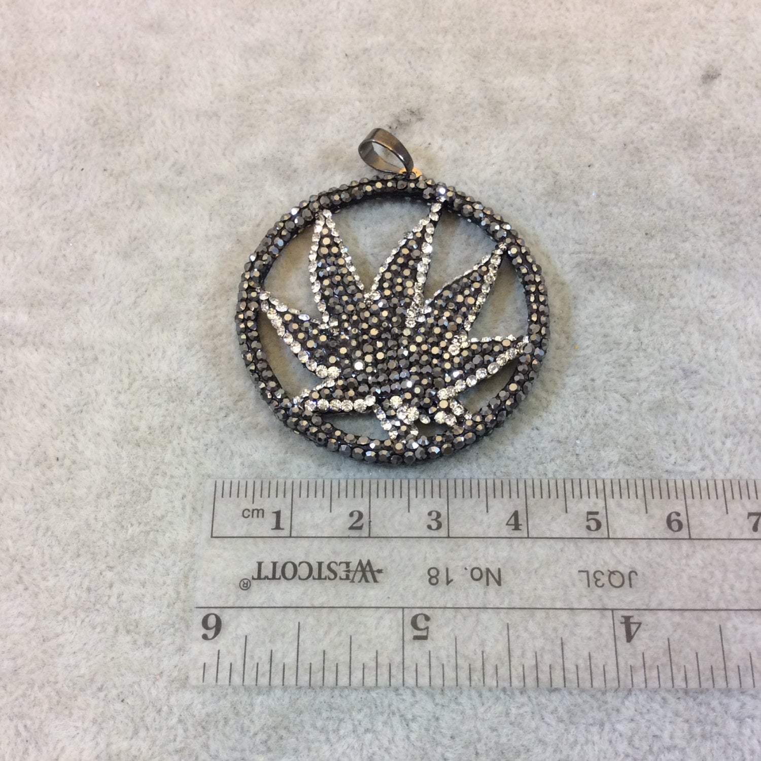 Pave Rhinestone Encrusted Gunmetal Plated Round Cannabis Leaf Shaped Base Metal Focal Pendant - Measuring 42mm x 42mm  - Sold Individually