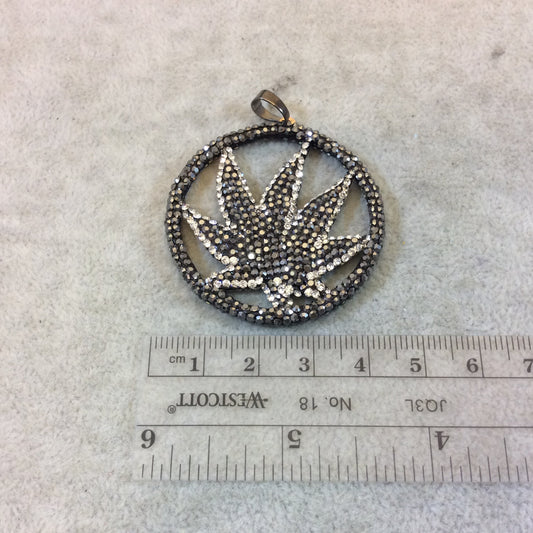 Pave Rhinestone Encrusted Gunmetal Plated Round Cannabis Leaf Shaped Base Metal Focal Pendant - Measuring 42mm x 42mm  - Sold Individually