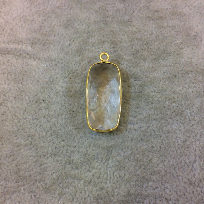 Clear Hydro Quartz Bezel | Gold Plated Faceted (Lab Created) Rectangle Bar Shaped Pendant - Measuring 12mm x 24mm - Sold Individually