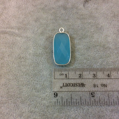 Silver Plated Faceted Aqua Hydro (Lab Created) Chalcedony Rectangle/Bar Shaped Bezel Pendant - Measuring 12mm x 24mm - Sold Individually