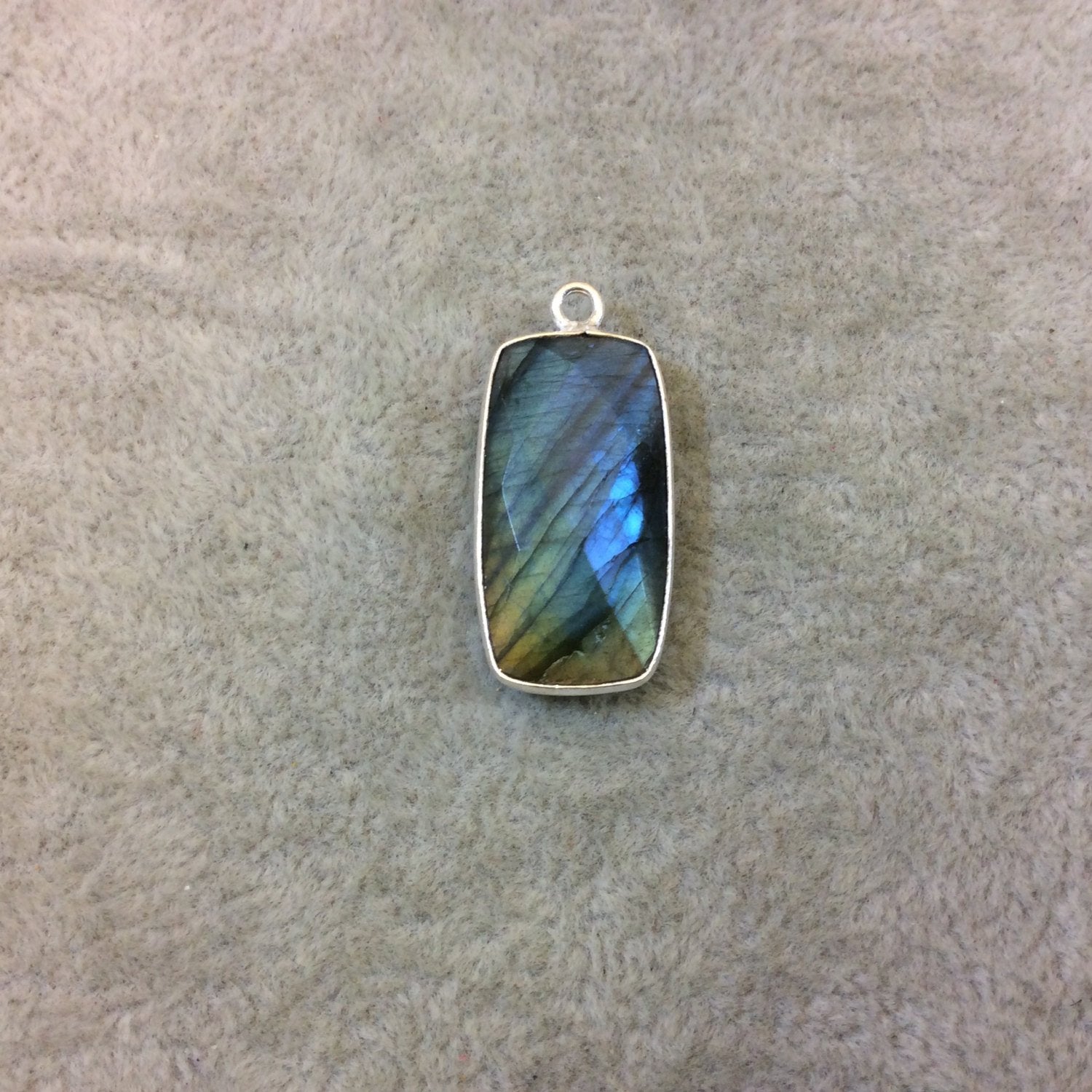 Silver Plated Faceted Natural Labradorite Rectangle/Bar Shaped Bezel Pendant - Measuring 12mm x 24mm - Sold Individually, Chosen Randomly