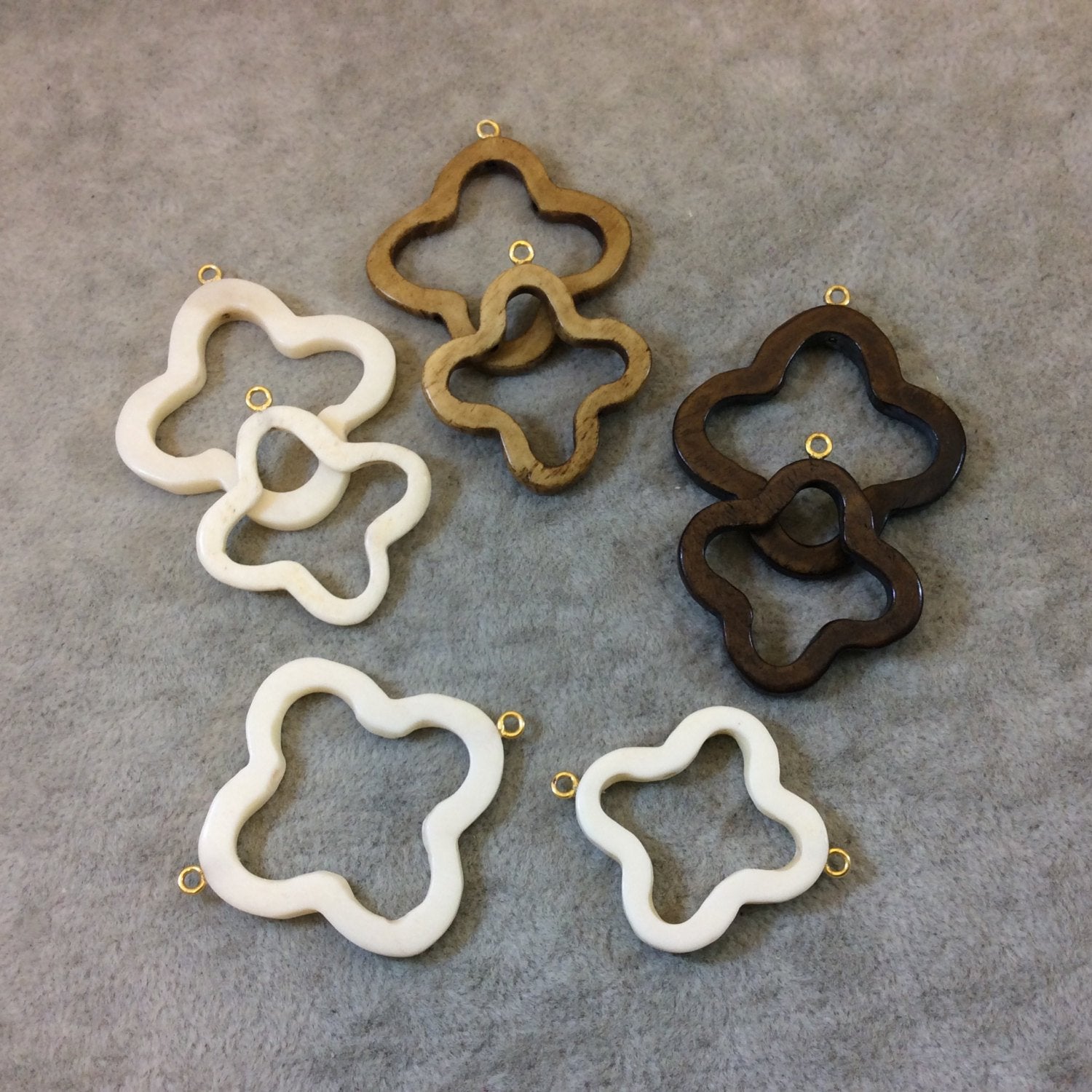 Small White/Ivory Open Quatrefoil Shaped Natural Ox Bone Focal Pendant with Attached Gold Suspension Ring - Measuring 28mm x 28mm, Approx.