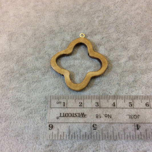 Medium Light Brown Open Quatrefoil Shaped Natural Ox Bone Focal Pendant with Attached Gold Suspension Ring - Measuring 36mm x 36mm, Approx.
