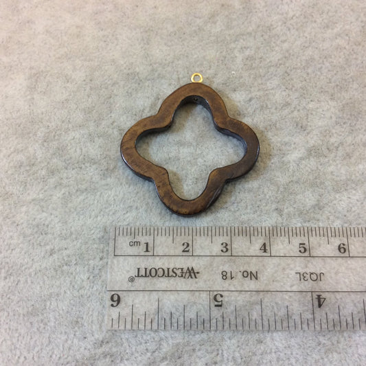 Medium Dark Brown Open Quatrefoil Shaped Natural Ox Bone Focal Pendant with Attached Gold Suspension Ring - Measuring 36mm x 36mm, Approx.