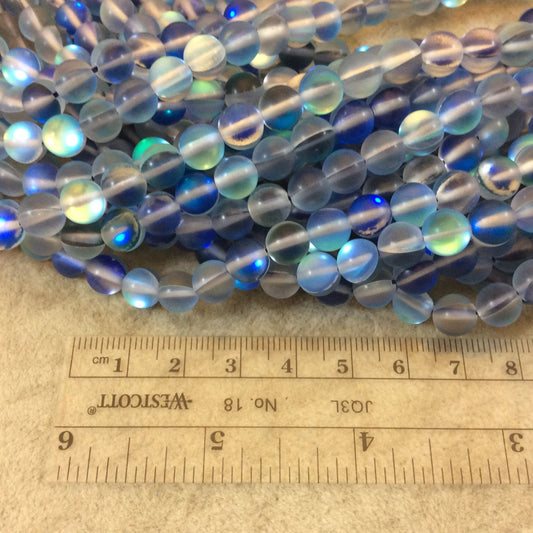 7.5mm Matte Frosted Medium Blue Moonlight Glass Crystal Round/Ball Shaped Beads - 15" Strand (Approx. 53 Beads) - Synthetic Moonstone