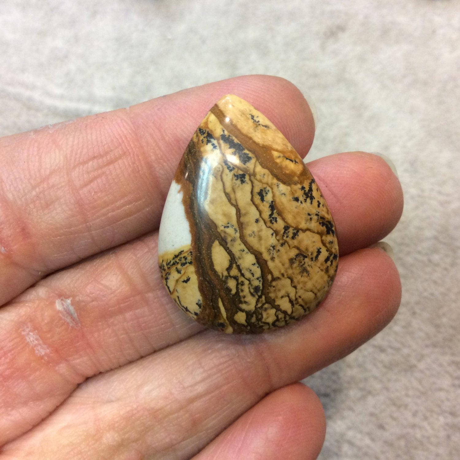 OOAK Natural Picture Jasper Pear/Teardrop Shaped Flat Back Cabochon - Measuring 25mm x 33mm, 6mm Dome Height - High Quality Gemstone Cab