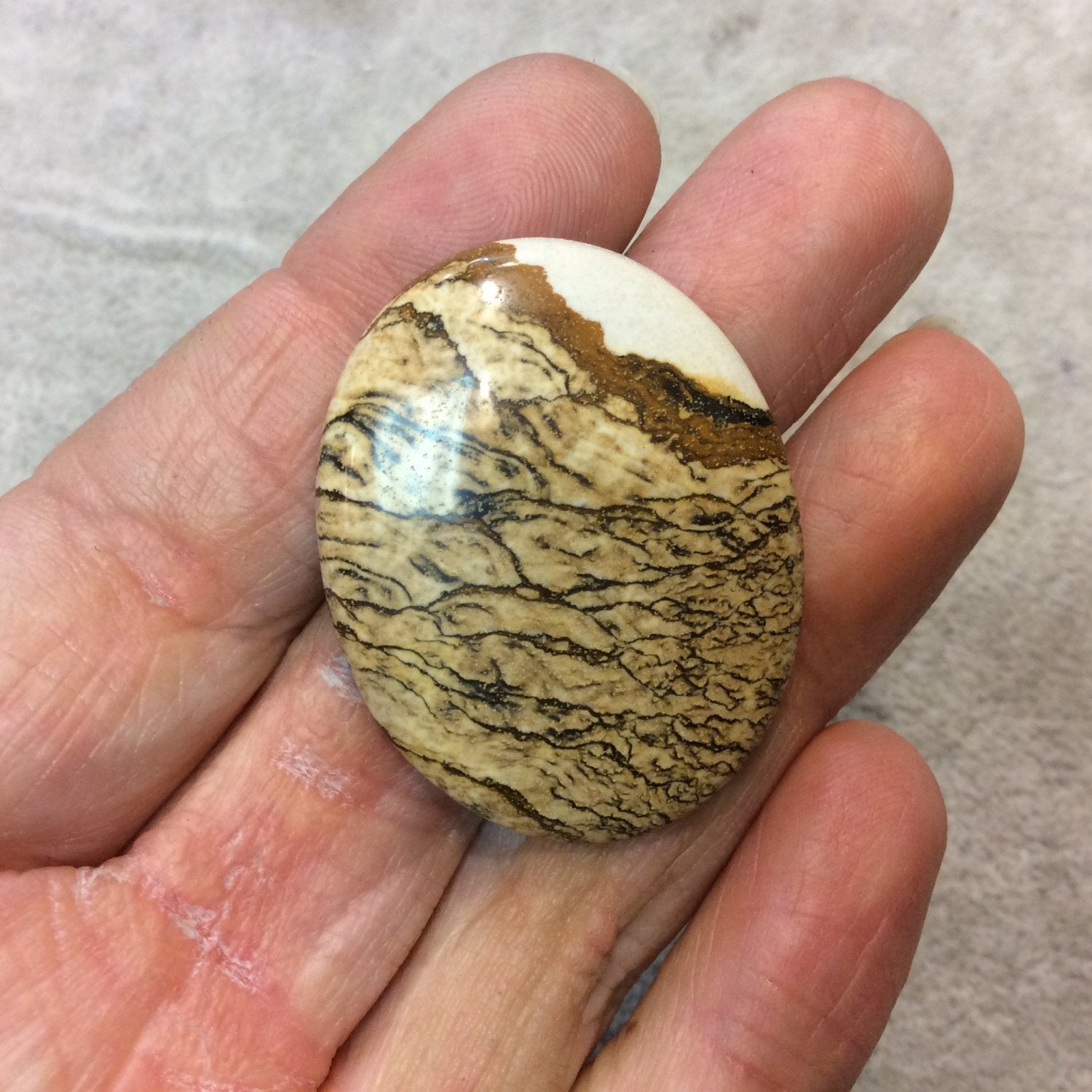 OOAK Natural Picture Jasper Oblong Oval Shaped Flat Back Cabochon - Measuring 31mm x 39mm, 5mm Dome Height - High Quality Gemstone Cab