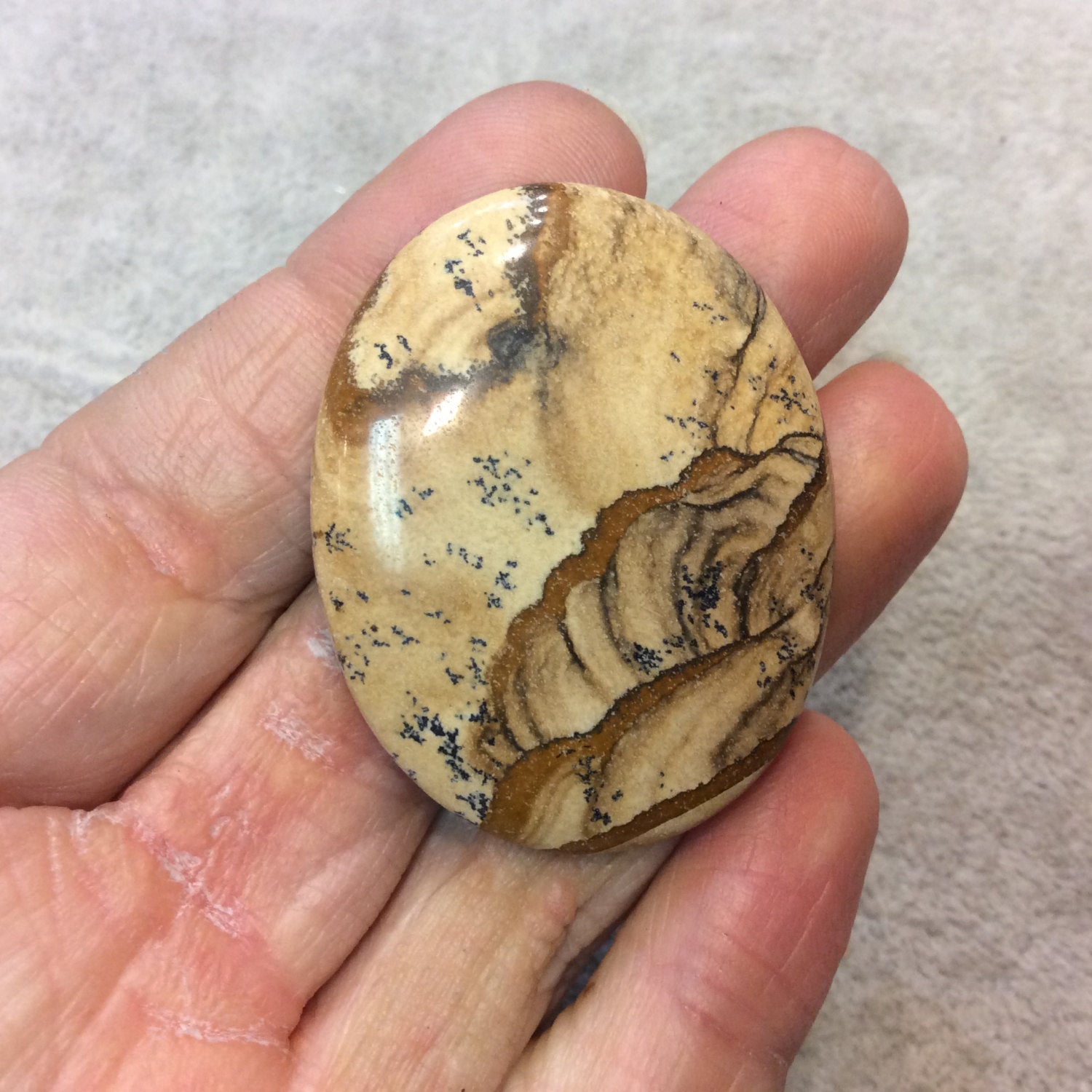 OOAK Natural Picture Jasper Oblong Oval Shaped Flat Back Cabochon - Measuring 36mm x 46mm, 5mm Dome Height - High Quality Gemstone Cab