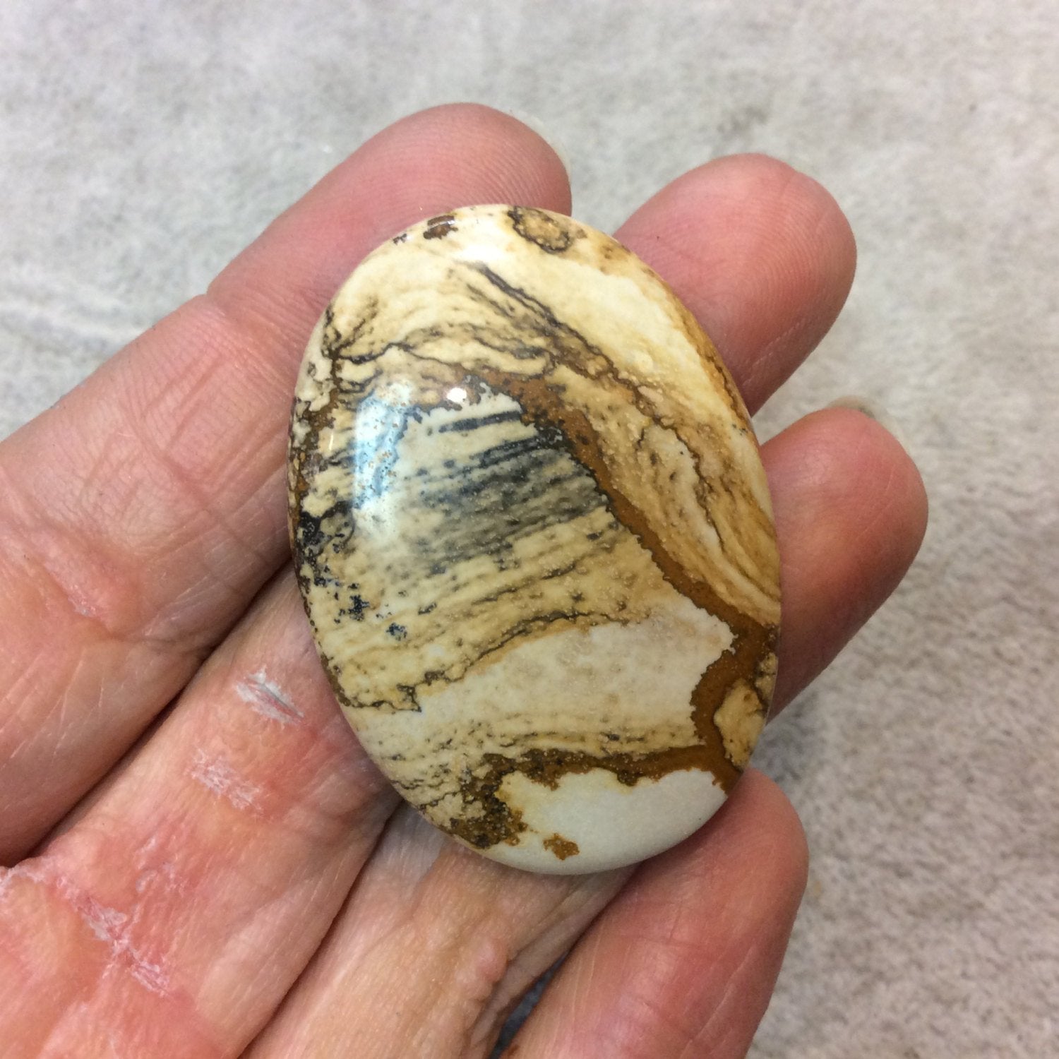 OOAK Natural Picture Jasper Oblong Oval Shaped Flat Back Cabochon - Measuring 32mm x 45.5mm, 5mm Dome Height - High Quality Gemstone Cab