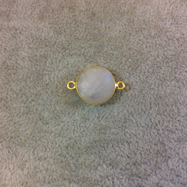 Gold Plated Natural Moonstone Faceted Round/Coin Shaped Copper Bezel Connector - Measures 14mm x 14mm - Sold Individually, Randomly Chosen