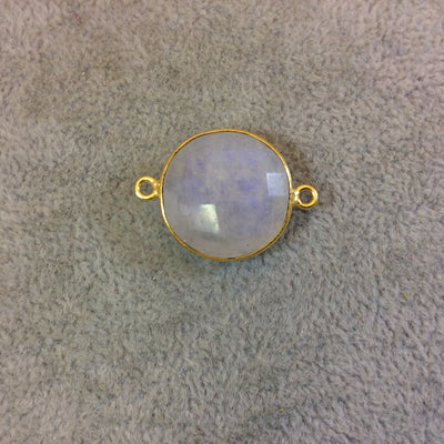 Gold Plated Natural Moonstone Faceted Round/Coin Shaped Copper Bezel Connector - Measures 18mm x 18mm - Sold Individually, Randomly Chosen