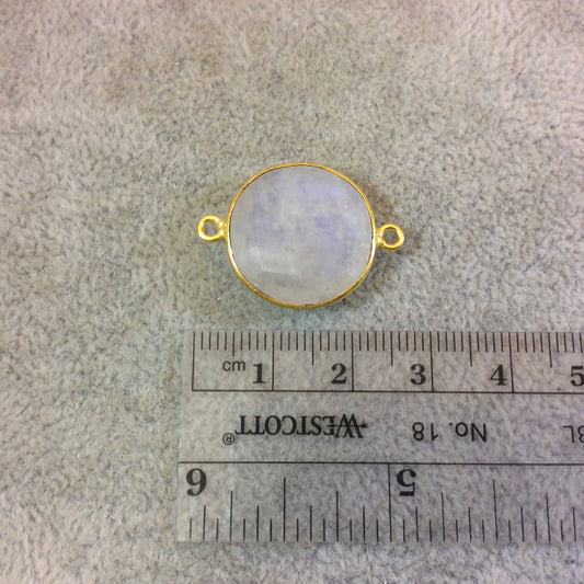 Gold Plated Natural Moonstone Faceted Round/Coin Shaped Copper Bezel Connector - Measures 18mm x 18mm - Sold Individually, Randomly Chosen