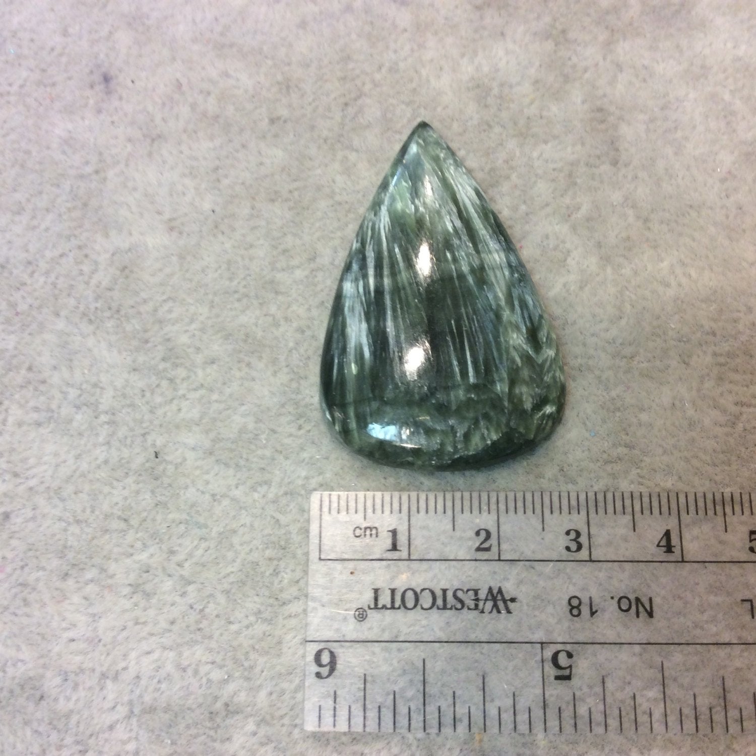 OOAK Natural Green Seraphinite Pear/Teardrop Shaped Flat Back Cabochon - Measuring 30mm x 45mm, 6mm Dome Height - High Quality Gemstone Cab