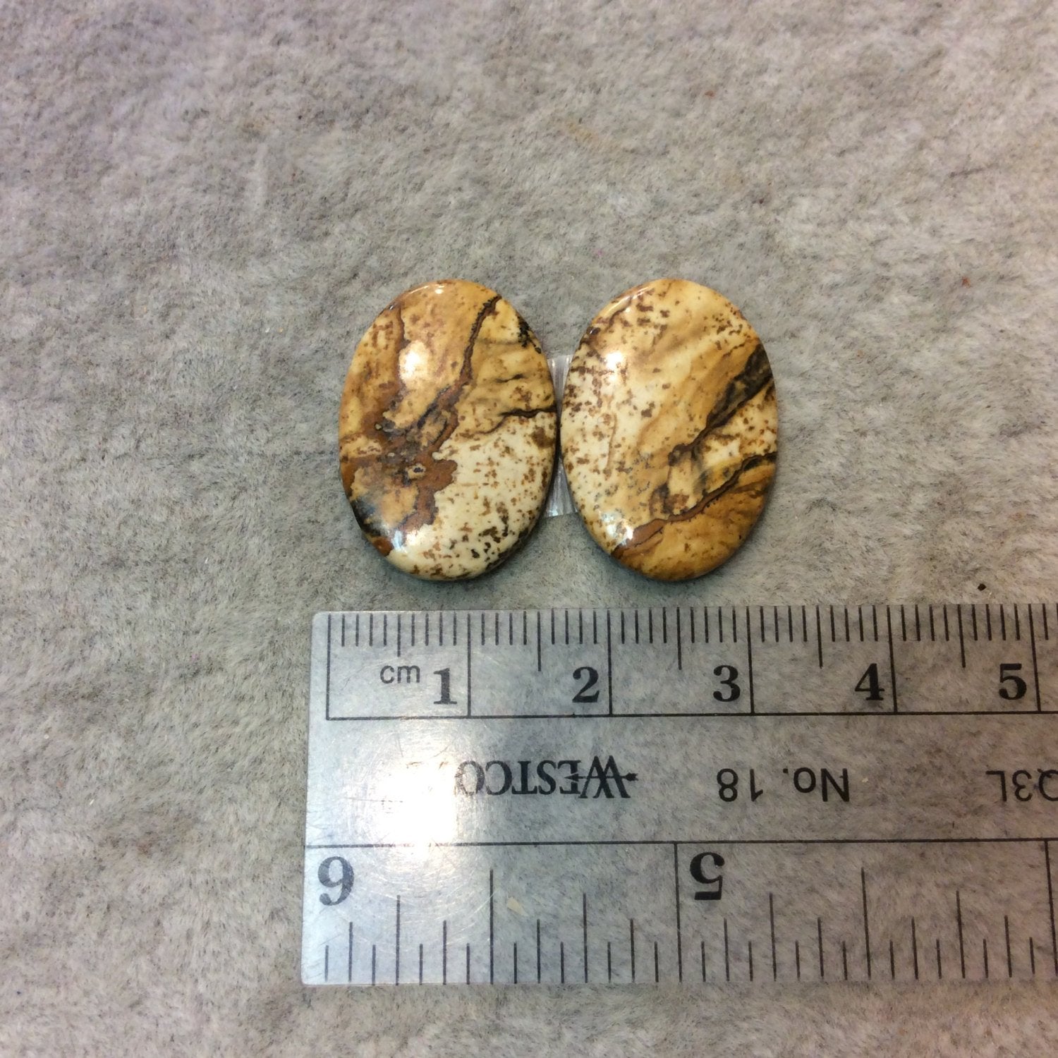 OOAK Matching Pair of Natural Picture Jasper Oval Shaped Flat Back Cabochons - Measuring 16mm x 23mm, 3mm Dome Height - Quality Gemstone